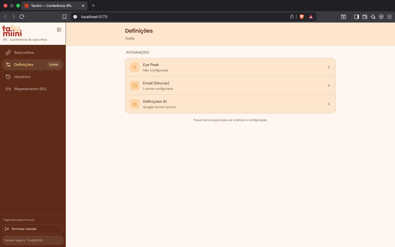 Ecrã de definições com integrações Eye Peak, Email e IA