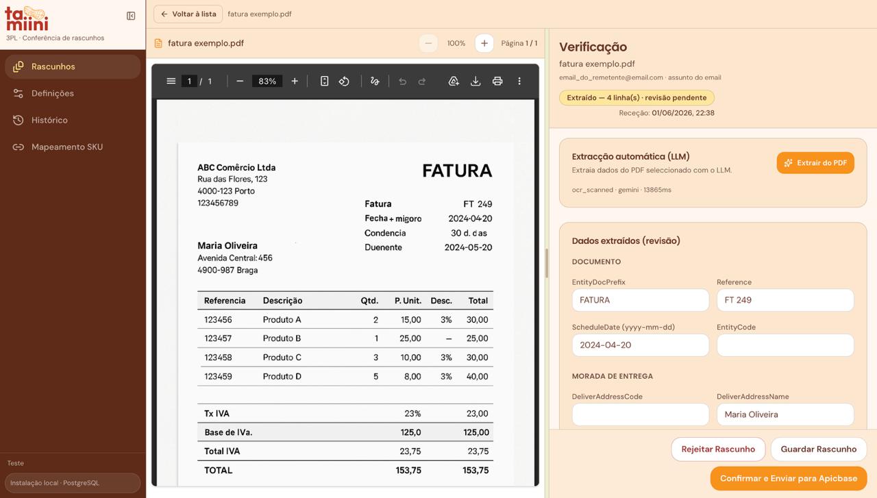 Ecrã de verificação de uma fatura com dados extraídos